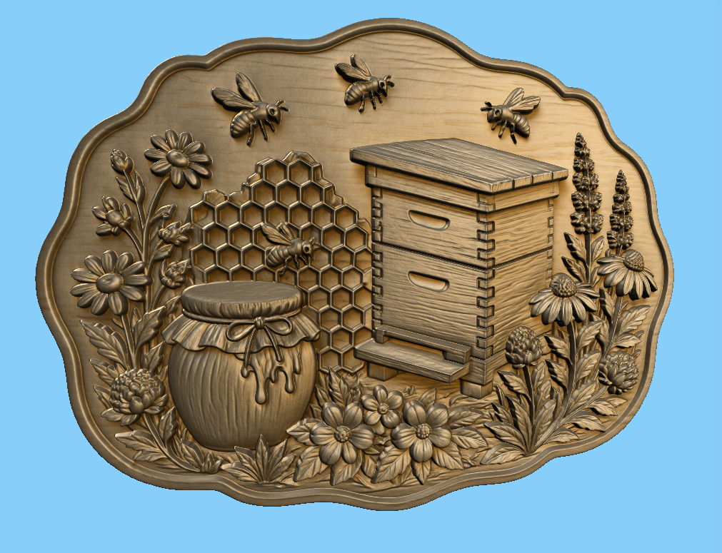 CNC & impression 3D relief ruche abeilles miel et fleurs, fichier STL déco apiculteur bois
