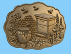 CNC & impression 3D relief ruche abeilles miel et fleurs, fichier STL déco apiculteur bois