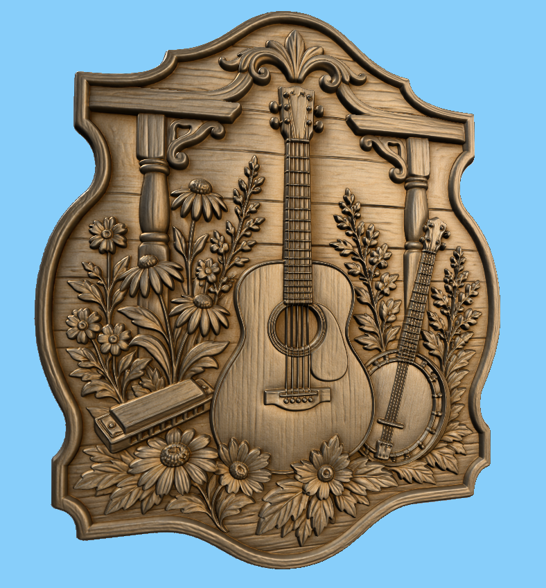 Relief musique guitare banjo et fleurs, fichier STL de très haute qualité pour sculpture bois CNC & impression 3D