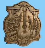 Relief musique guitare banjo et fleurs, fichier STL de très haute qualité pour sculpture bois CNC & impression 3D