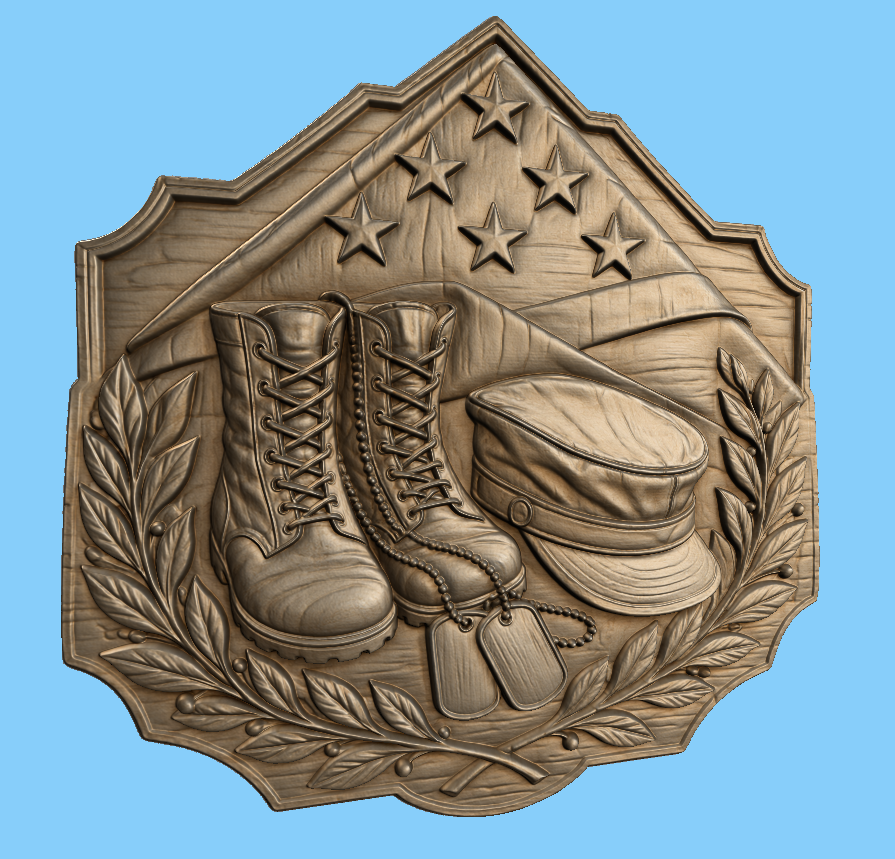 Relief mémorial militaire CNC & impression 3D, bottes soldat, dog tags, drapeau américain, fichier STL très haute qualité