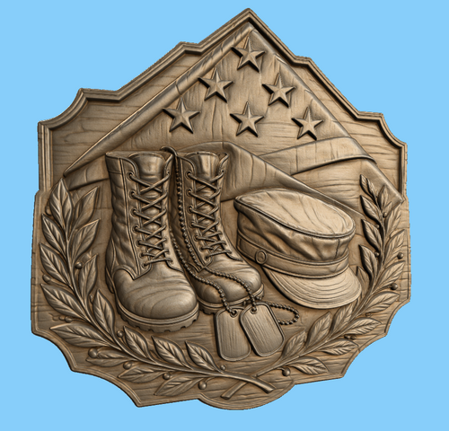 Relief mémorial militaire CNC & impression 3D, bottes soldat, dog tags, drapeau américain, fichier STL très haute qualité