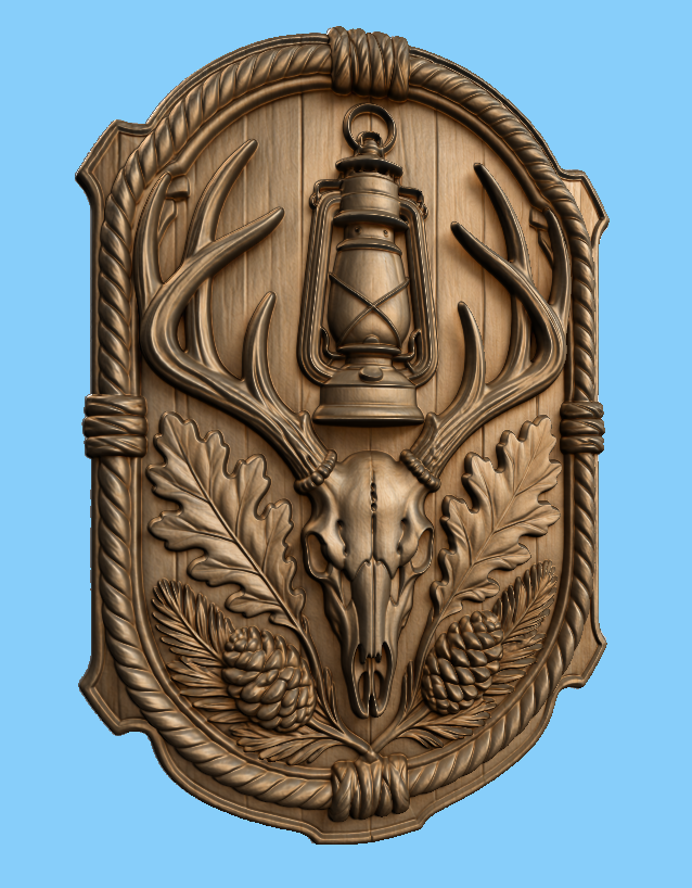 CNC & impression 3D relief crâne de cerf avec lanterne, décor chasse rustique, fichier STL très haute qualité