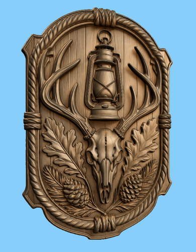 CNC & impression 3D relief crâne de cerf avec lanterne, décor chasse rustique, fichier STL très haute qualité