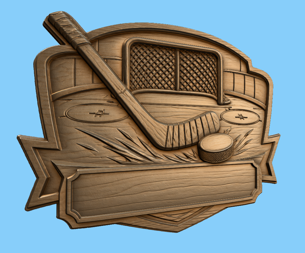 CNC & impression 3D relief hockey avec crosse, palet, cage et plaque à personnaliser, fichier STL très haute qualité