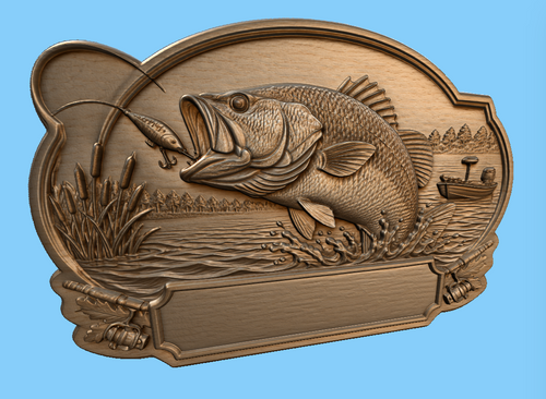 CNC & impression 3D relief pêche bass avec leurre, bateau et plaque à personnaliser, fichier STL très haute qualité