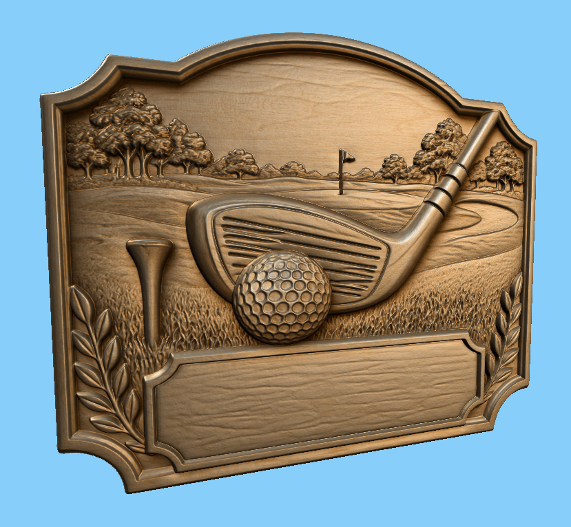 CNC & impression 3D relief golf avec club, balle, tee et plaque à personnaliser, fichier STL très haute qualité