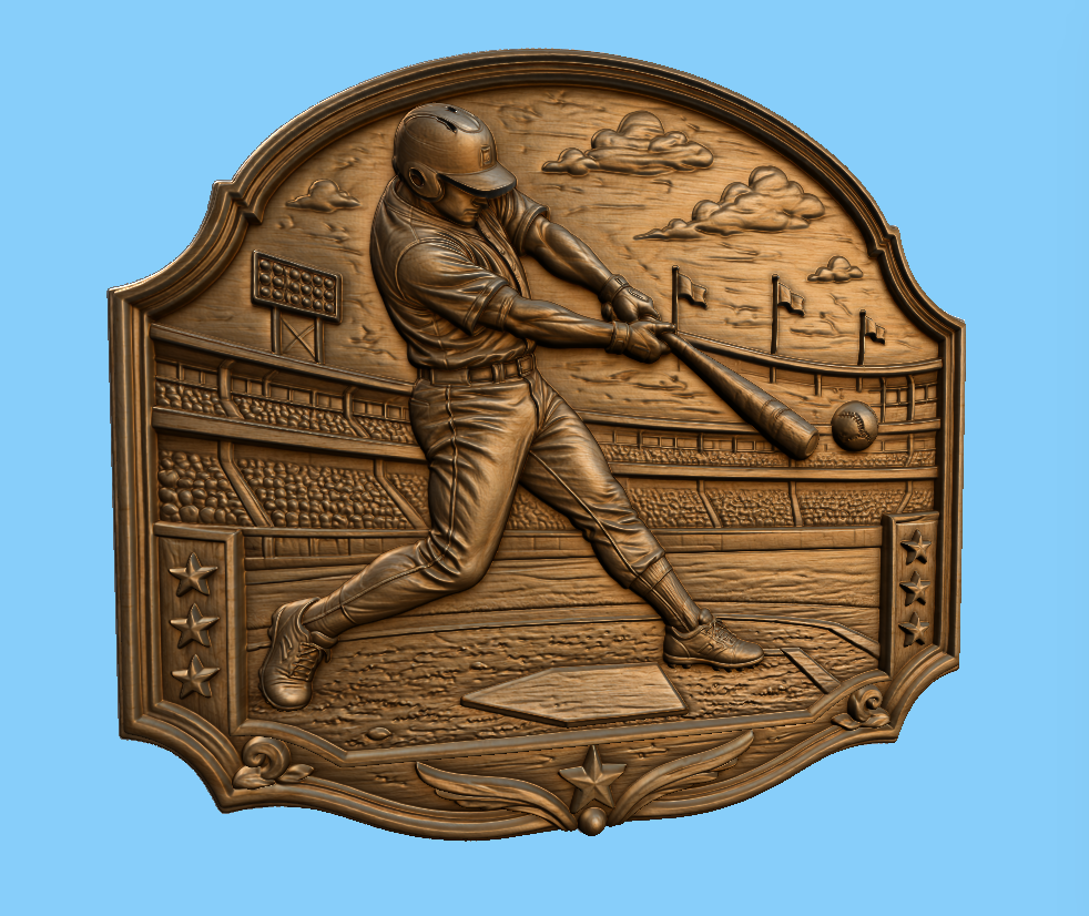 Relief baseball joueur en frappe, CNC & impression 3D, fichier STL pour gravure bois, STL de très haute qualité