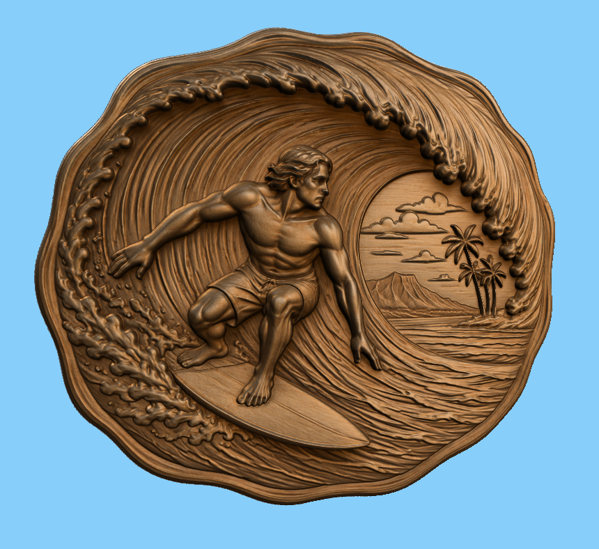 Relief surfeur vague tropicale, CNC & impression 3D, fichier STL, STL de très haute qualité
