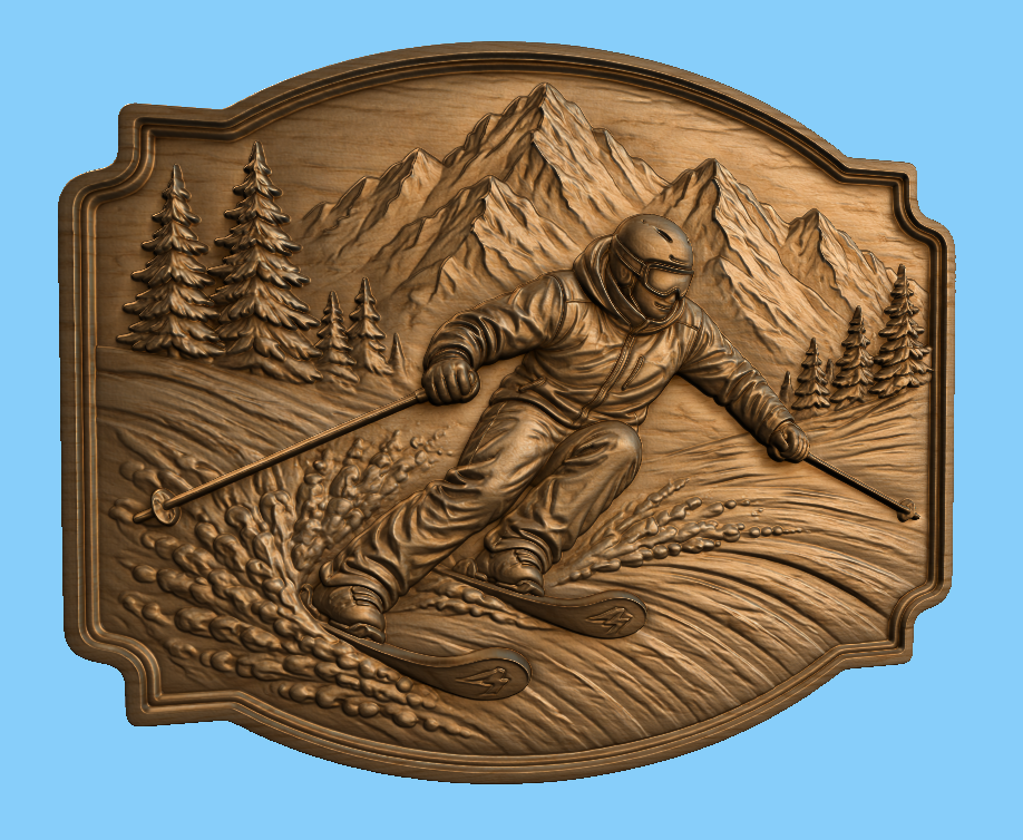 CNC & impression 3D relief skieur alpin en montagne, déco chalet ski, STL très haute qualité