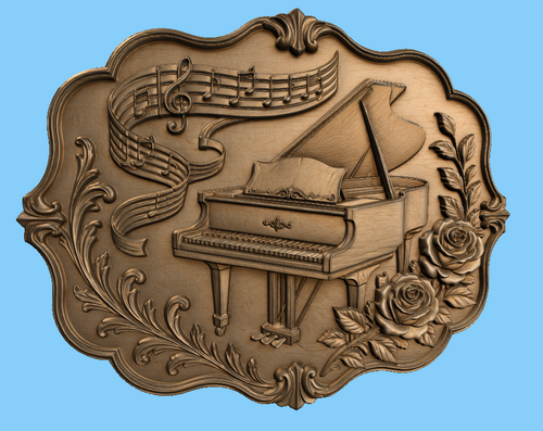 CNC & impression 3D relief piano floral avec notes de musique, décoration murale sculpture bois STL très haute qualité