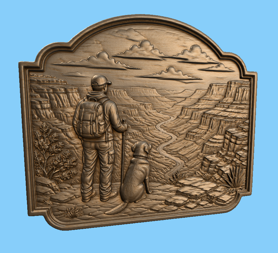 Relief randonneur avec chien canyon CNC & impression 3D, fichier STL paysage nature, STL de très haute qualité