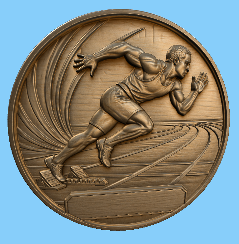 CNC & impression 3D relief sprinter athlétisme, coureur sur piste, médaille sportive avec plaque, fichier STL