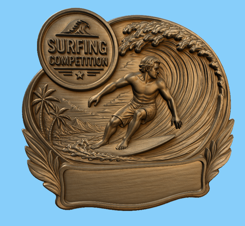 CNC & impression 3D relief surf compétition à personnaliser, trophée surfer plage, STL très haute qualité
