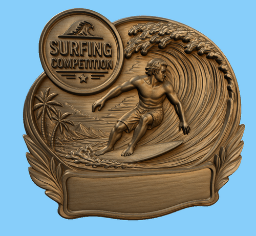 CNC & impression 3D relief surf compétition à personnaliser, trophée surfer plage, STL très haute qualité