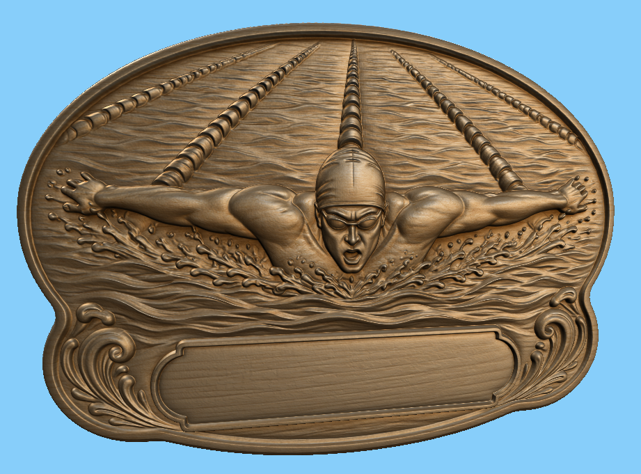 Relief natation nageur avec plaque personnalisable, CNC & impression 3D, fichier STL de très haute qualité