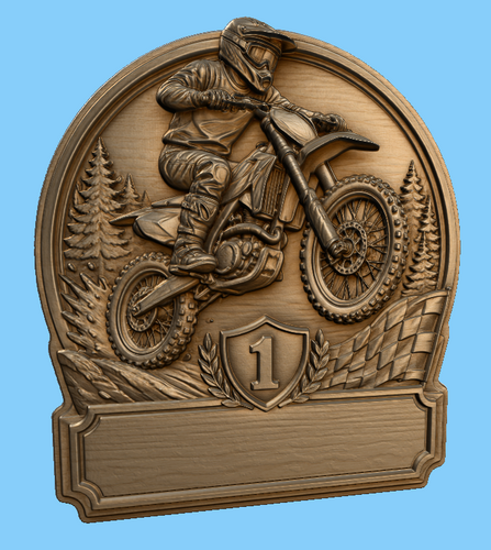 CNC & impression 3D trophée motocross avec moto cross, numéro 1 et plaque à personnaliser, fichier STL très haute qualité