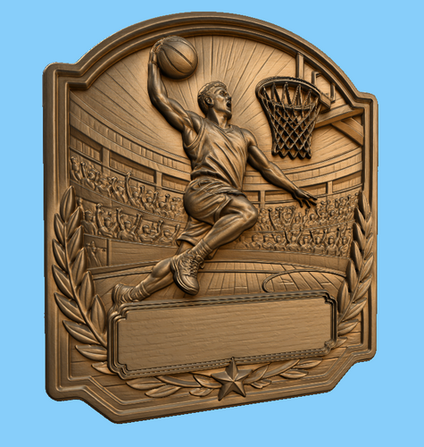 CNC & impression 3D trophée basket avec joueur dunk, panier et plaque à personnaliser, fichier STL très haute qualité