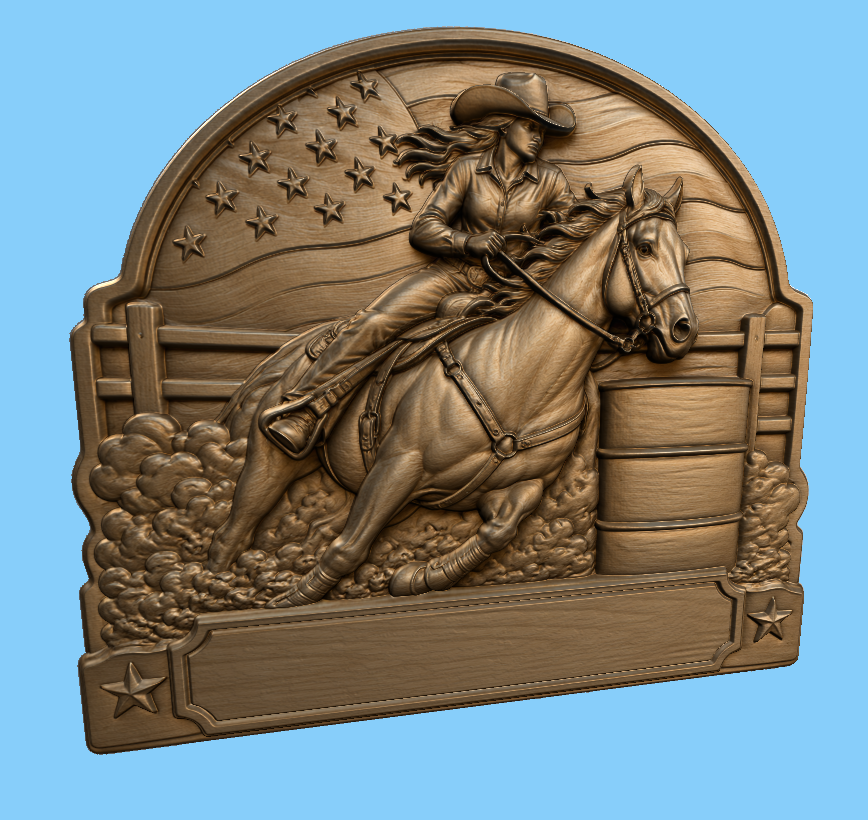 CNC & impression 3D relief cowgirl barrel racing à personnaliser, cheval western, STL très haute qualité