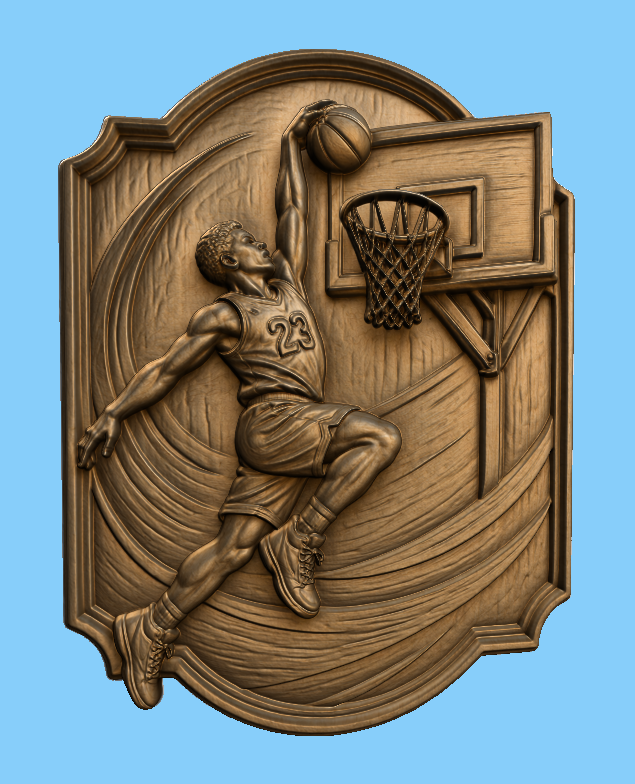 Relief basket joueur numéro 23 en dunk, CNC & impression 3D, fichier STL pour gravure bois, STL de très haute qualité