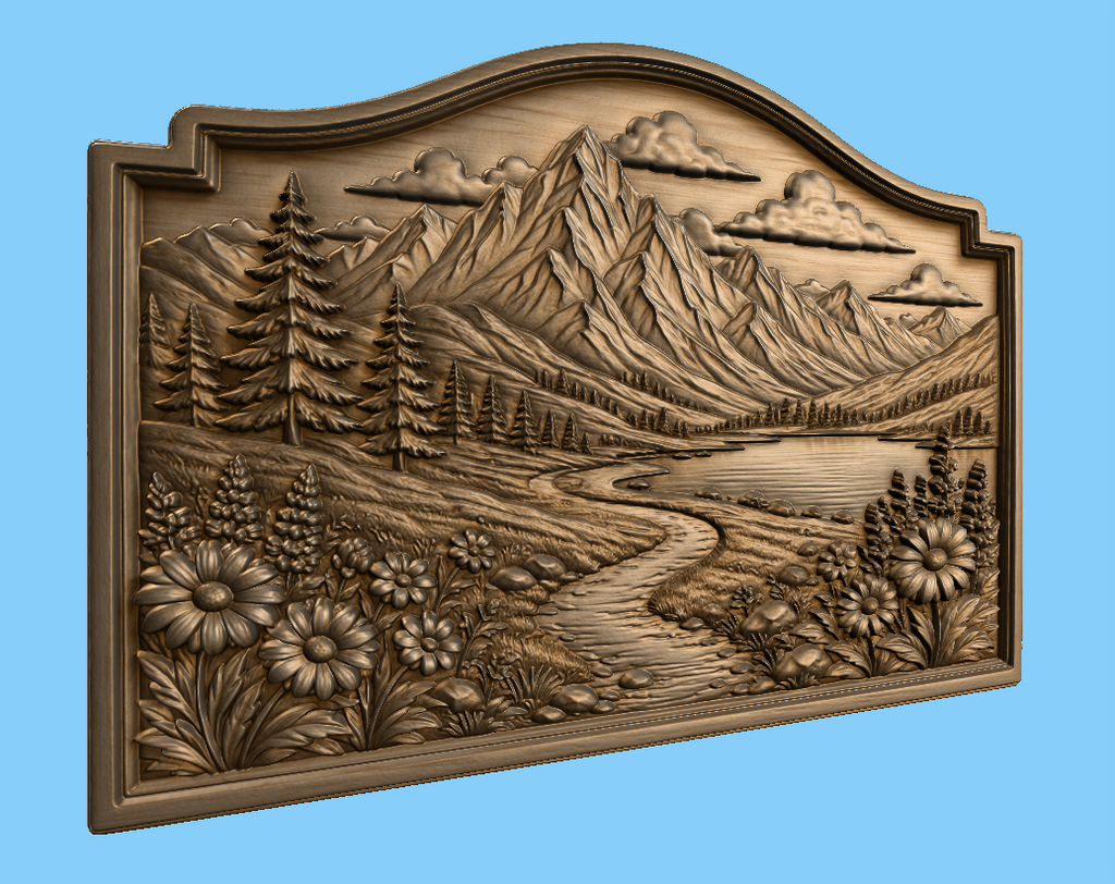 CNC & impression 3D relief paysage de montagne, lac alpin, sapins et fleurs, fichier STL très haute qualité