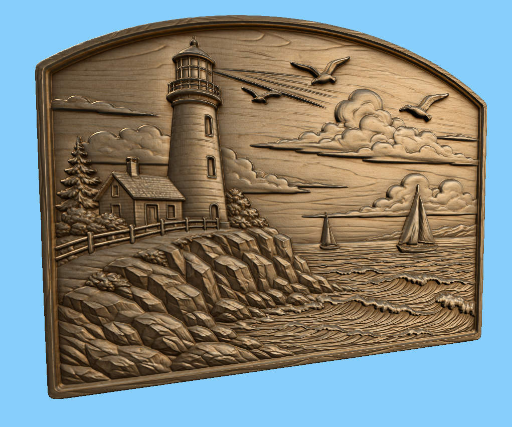 CNC & impression 3D relief phare côtier, voiliers, rochers et mer, sculpture bois fichier STL haute qualité