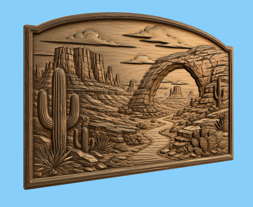 CNC & impression 3D relief désert américain, arches rocheuses, cactus et paysage western, fichier STL très haute qualité