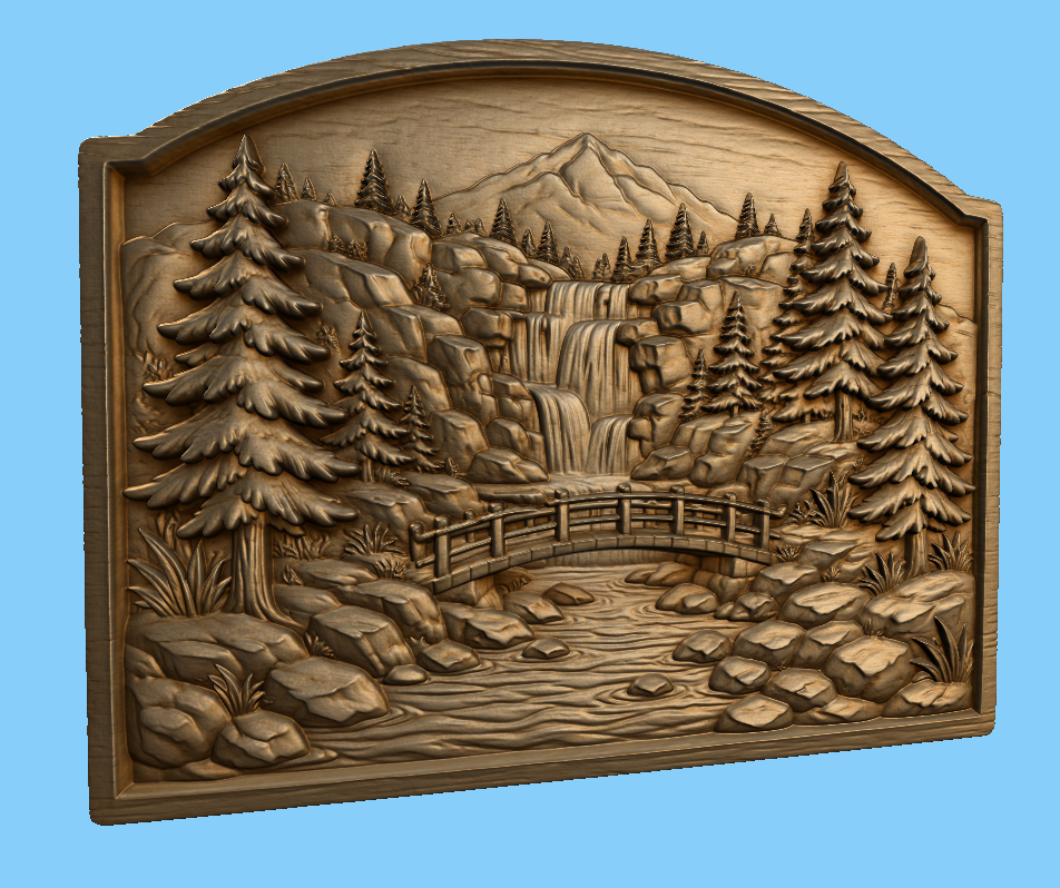 CNC & impression 3D relief cascade en forêt, pont en bois, sapins et paysage montagne, fichier STL très haute qualité