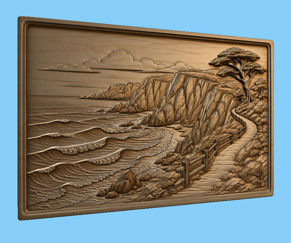 CNC & impression 3D relief paysage côtier, falaises, vagues et sentier bord de mer, sculpture bois fichier STL