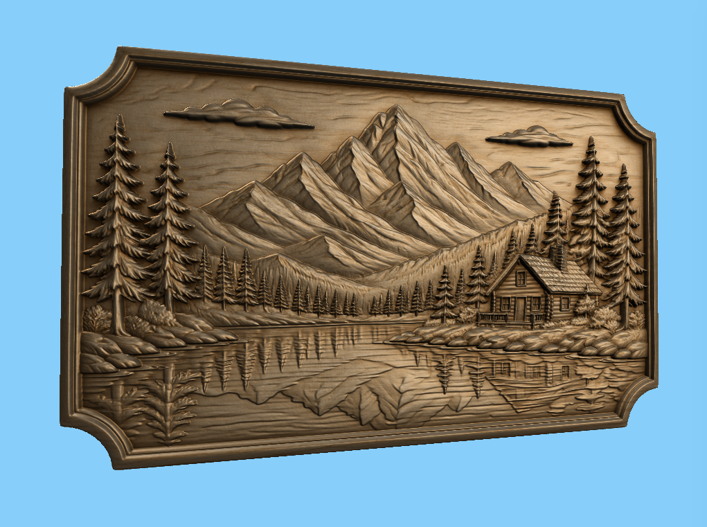 CNC & impression 3D relief chalet au bord du lac, montagnes, sapins et paysage nature, fichier STL haute qualité