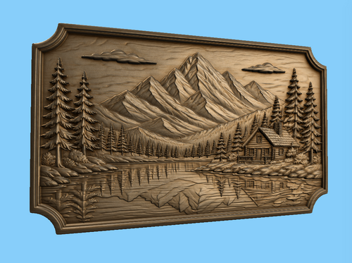 CNC & impression 3D relief chalet au bord du lac, montagnes, sapins et paysage nature, fichier STL haute qualité