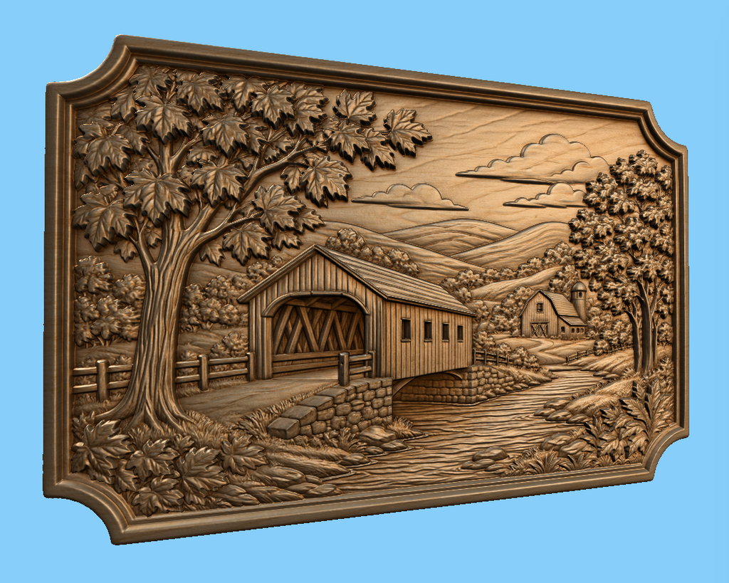 CNC & impression 3D relief pont couvert rustique, rivière, arbres et paysage country, fichier STL très haute qualité