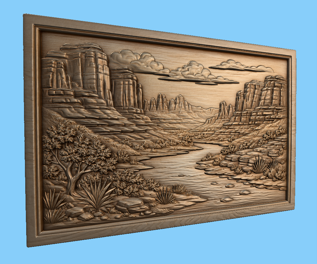 CNC & impression 3D relief canyon désertique, rivière, falaises et paysage western, sculpture bois fichier STL