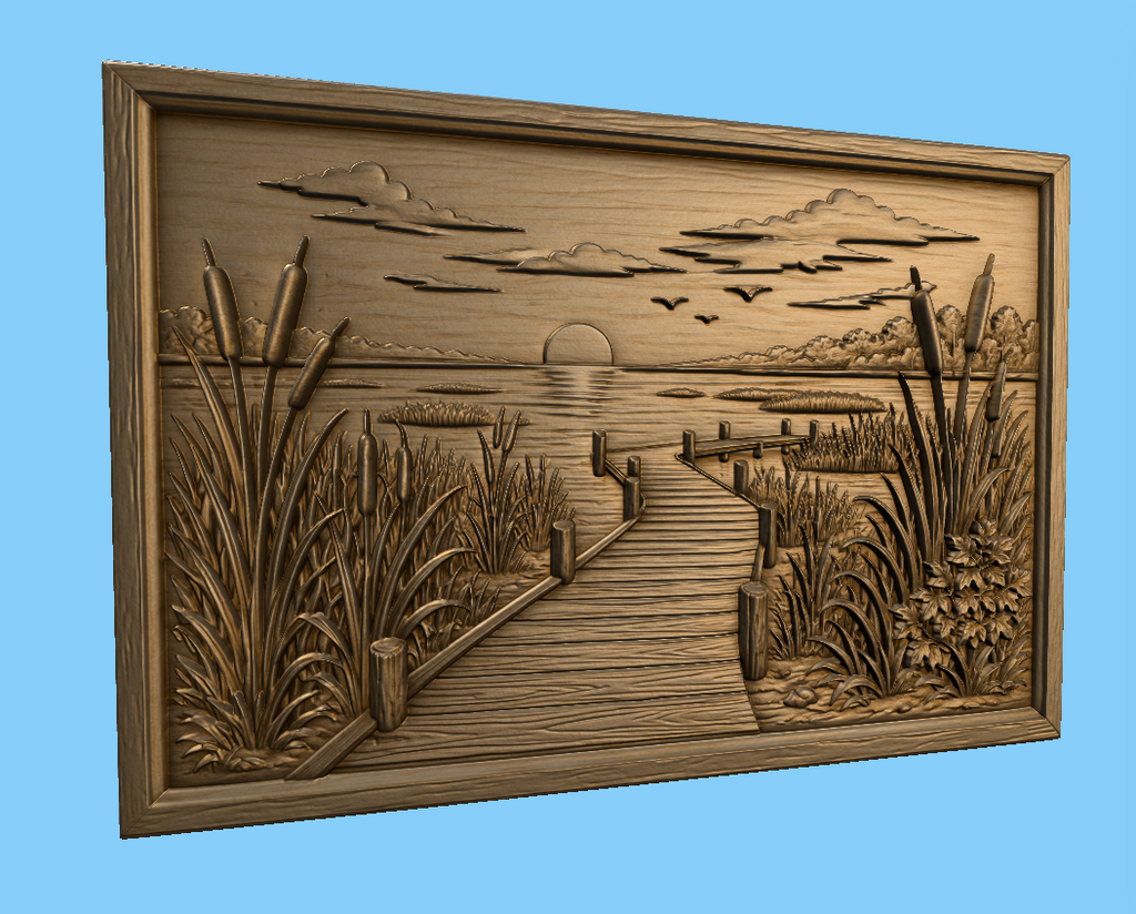 CNC & impression 3D relief ponton au bord du lac, roseaux, coucher de soleil et paysage nature, fichier STL haute qualité