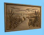 CNC & impression 3D relief ponton au bord du lac, roseaux, coucher de soleil et paysage nature, fichier STL haute qualité