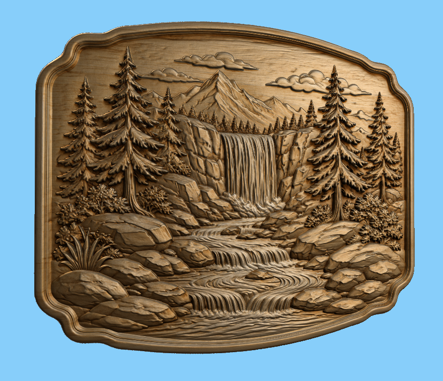 CNC & impression 3D relief cascade de montagne, sapins, rochers et rivière, sculpture bois fichier STL