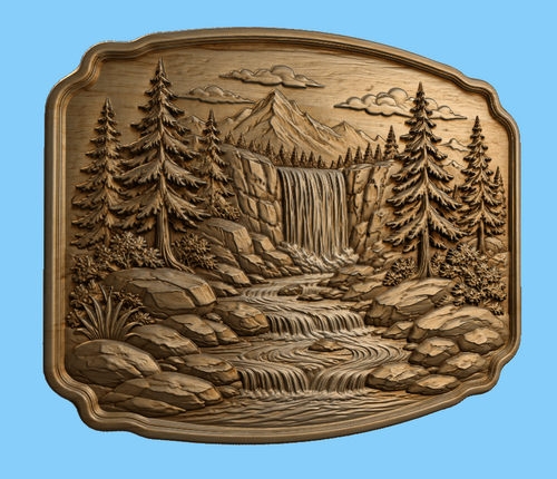 CNC & impression 3D relief cascade de montagne, sapins, rochers et rivière, sculpture bois fichier STL