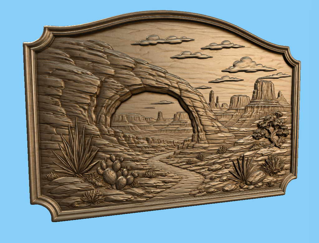 CNC & impression 3D relief paysage désert western, arche rocheuse, cactus et mesas, fichier STL très haute qualité