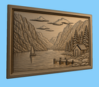 CNC & impression 3D relief paysage alpin, lac, chalet, voilier et montagnes, sculpture bois fichier STL