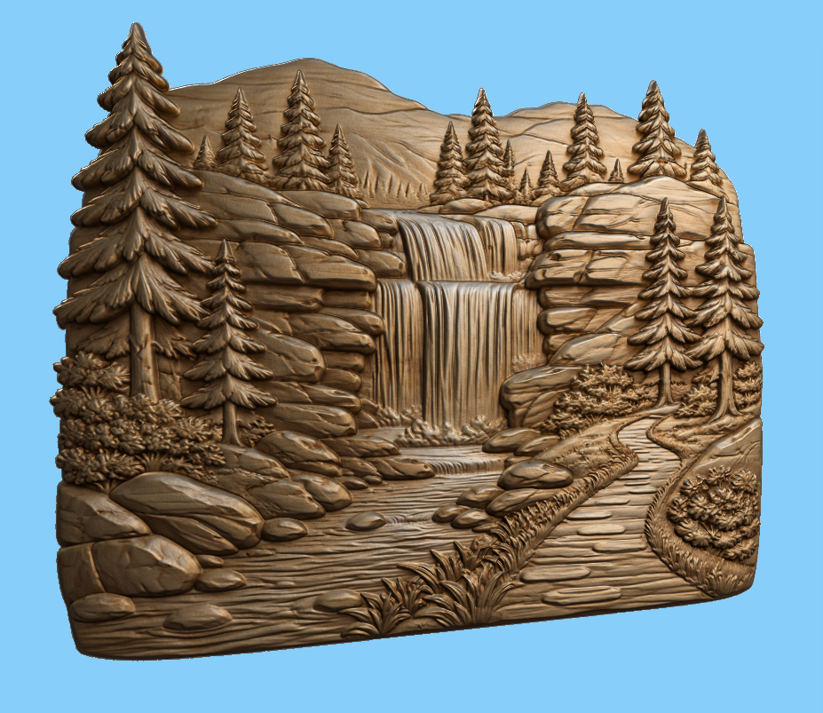 CNC & impression 3D relief cascade de montagne, sapins, rochers et rivière, sculpture bois fichier STL haute qualité