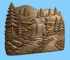 CNC & impression 3D relief cascade de montagne, sapins, rochers et rivière, sculpture bois fichier STL haute qualité