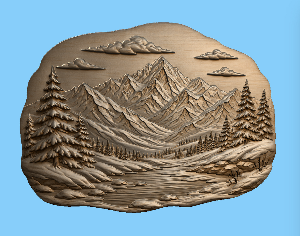 CNC & impression 3D relief montagnes alpines, paysage sapins et lac, décoration nature, sculpture bois fichier STL haute qualité