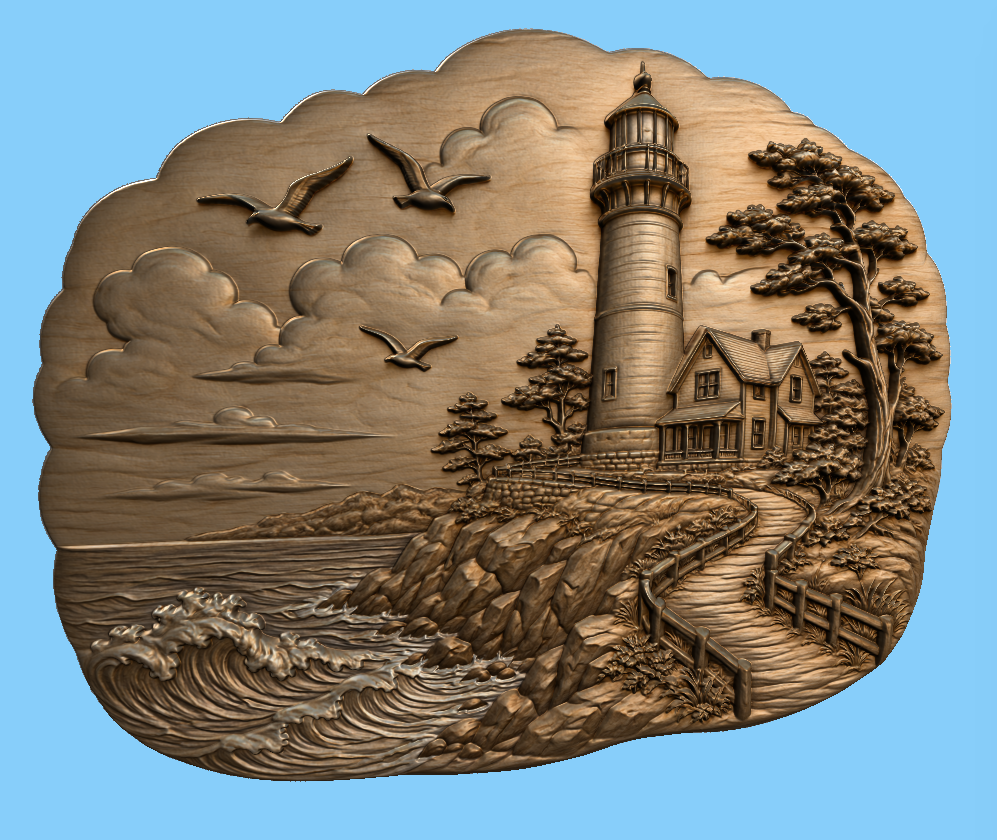 CNC & impression 3D relief phare côtier, maison bord de mer, vagues et chemin, sculpture bois fichier STL haute qualité