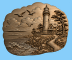 CNC & impression 3D relief phare côtier, maison bord de mer, vagues et chemin, sculpture bois fichier STL haute qualité