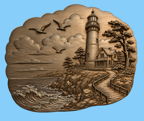 CNC & impression 3D relief phare côtier, maison bord de mer, vagues et chemin, sculpture bois fichier STL haute qualité