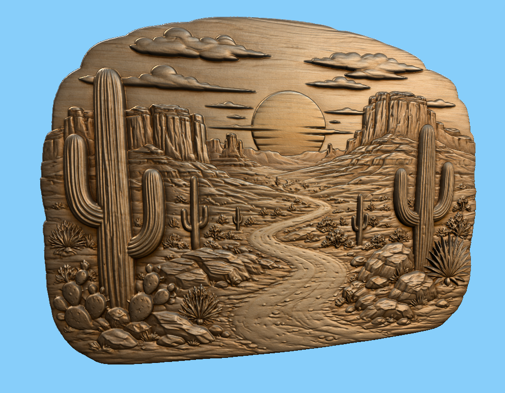 CNC & impression 3D relief désert western, cactus saguaro, route et coucher de soleil, sculpture bois fichier STL haute qualité