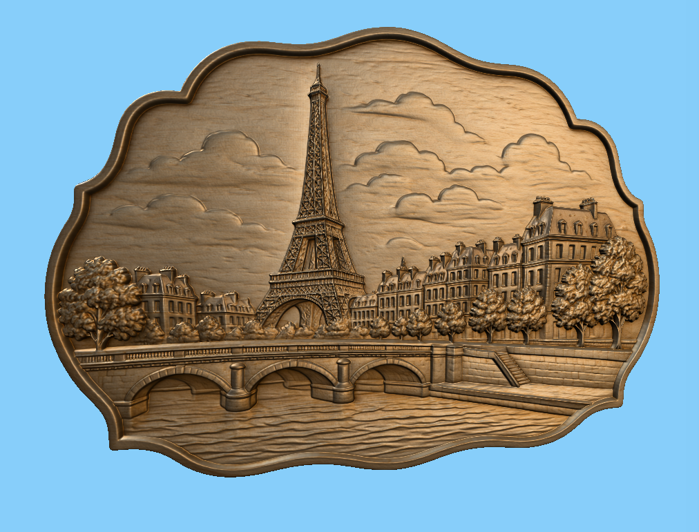 CNC & impression 3D relief Tour Eiffel Paris, pont sur la Seine, architecture française, sculpture bois fichier STL haute qualité
