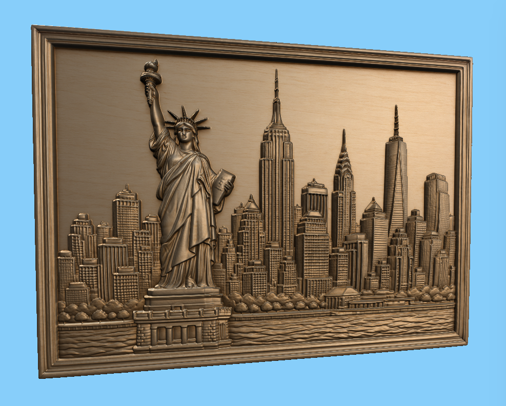CNC & impression 3D relief New York skyline, Statue de la Liberté, gratte-ciel, sculpture bois fichier STL haute qualité