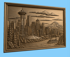 CNC & impression 3D relief Seattle skyline, Space Needle, mont Rainier et ferry, sculpture bois fichier STL haute qualité