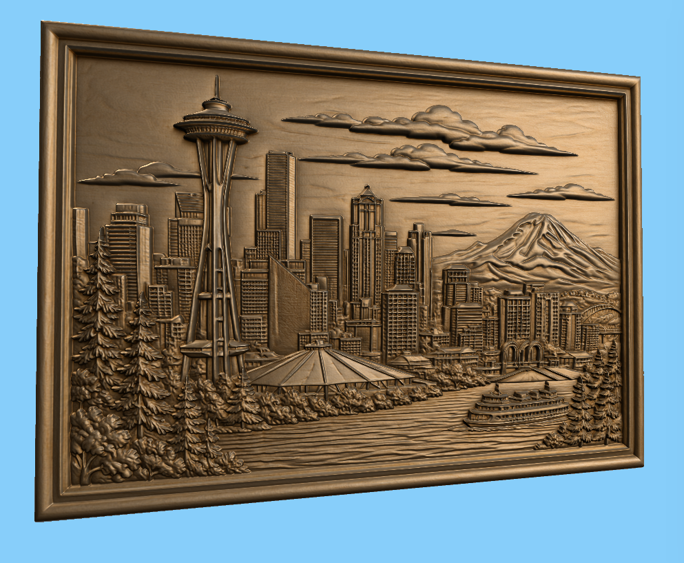 CNC & impression 3D relief Seattle skyline, Space Needle, mont Rainier et ferry, sculpture bois fichier STL haute qualité